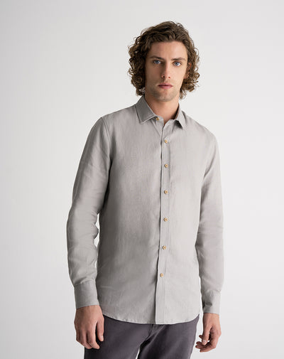 Camisa manga larga regular lino gris hombre