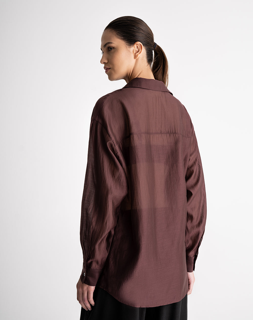 Camisa manga larga oversize transparencia vinotinto mujer