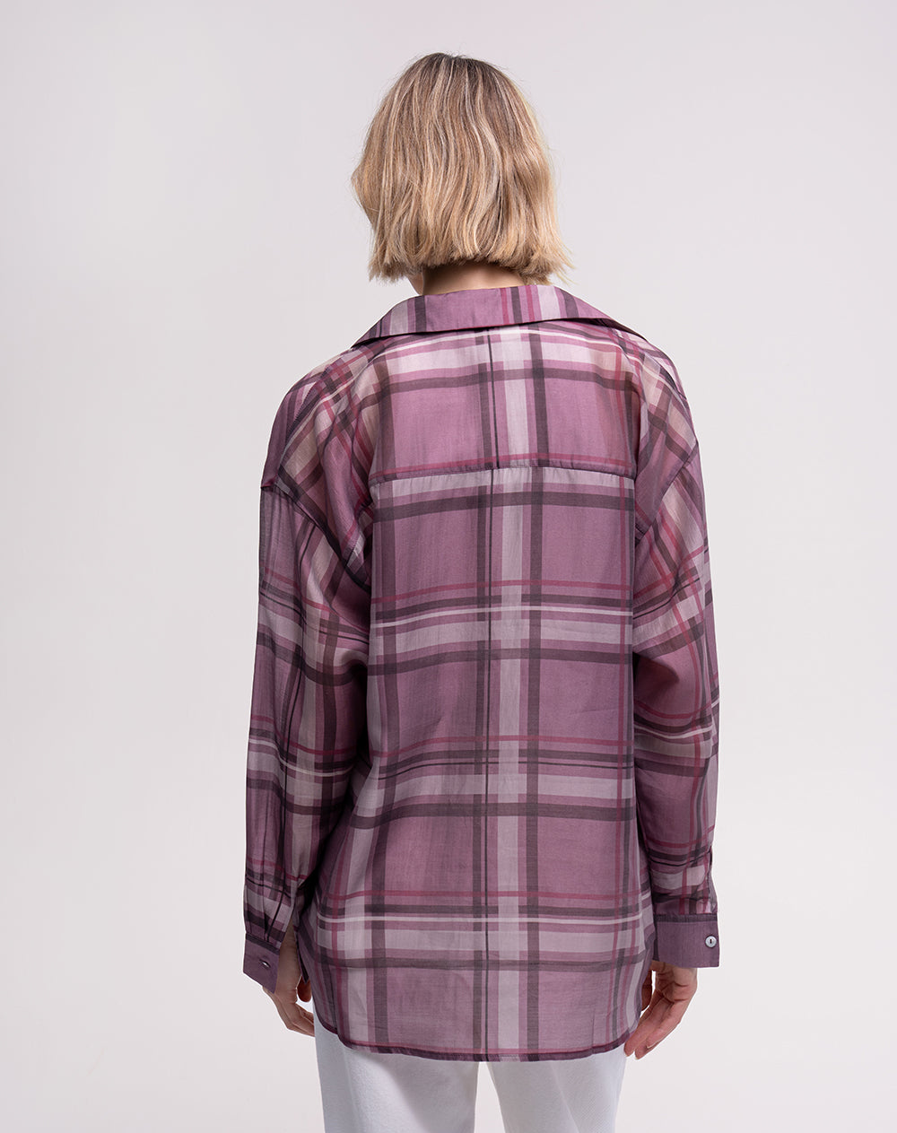Camisa manga larga oversize transparencia cuadros mujer