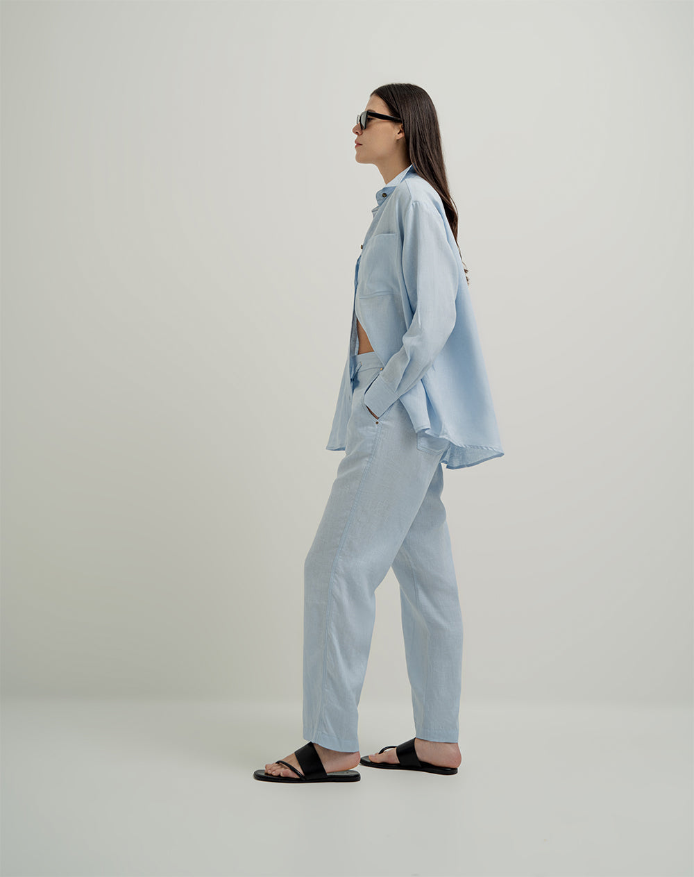 Pantalón recto tiro medio cordón de ajuste azul mujer