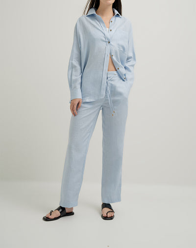 Pantalón recto tiro medio cordón de ajuste azul mujer