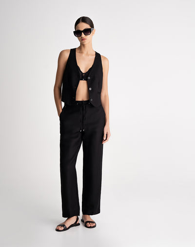 Pantalón recto tiro alto cordón de ajuste negro mujer