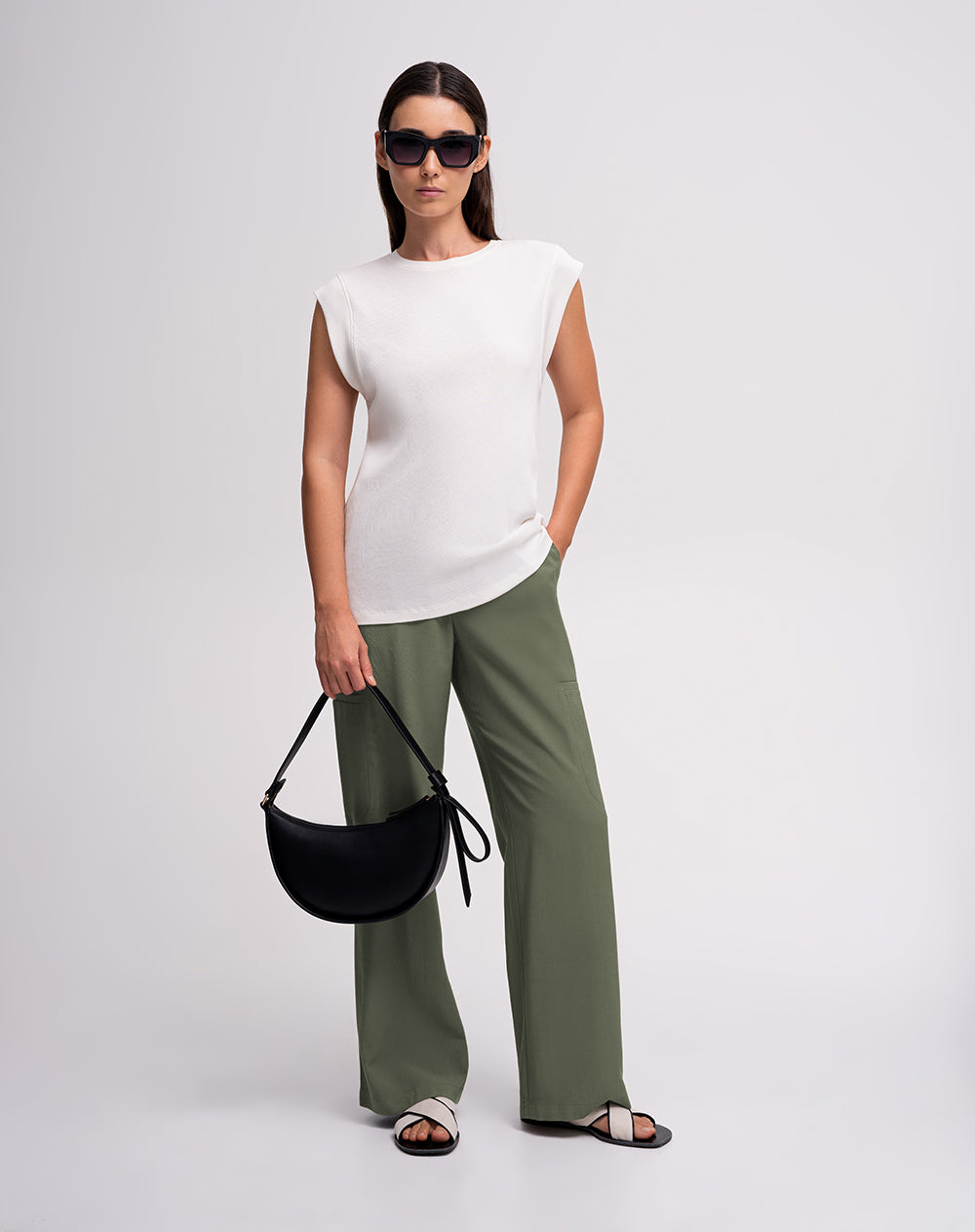 Pantalón recto tiro alto verde mujer