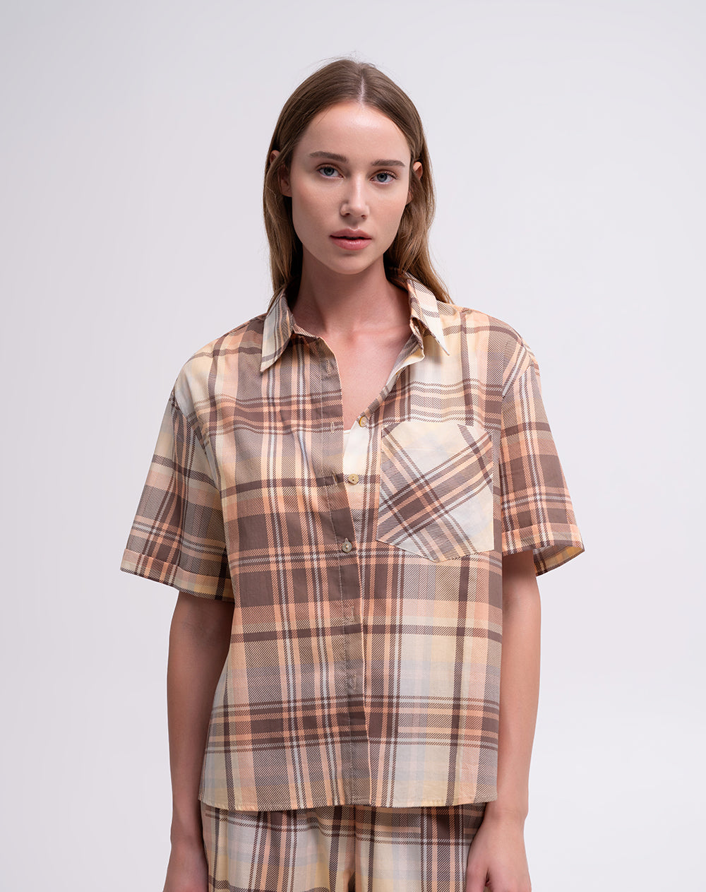 Camisa manga corta loose cuadros mujer