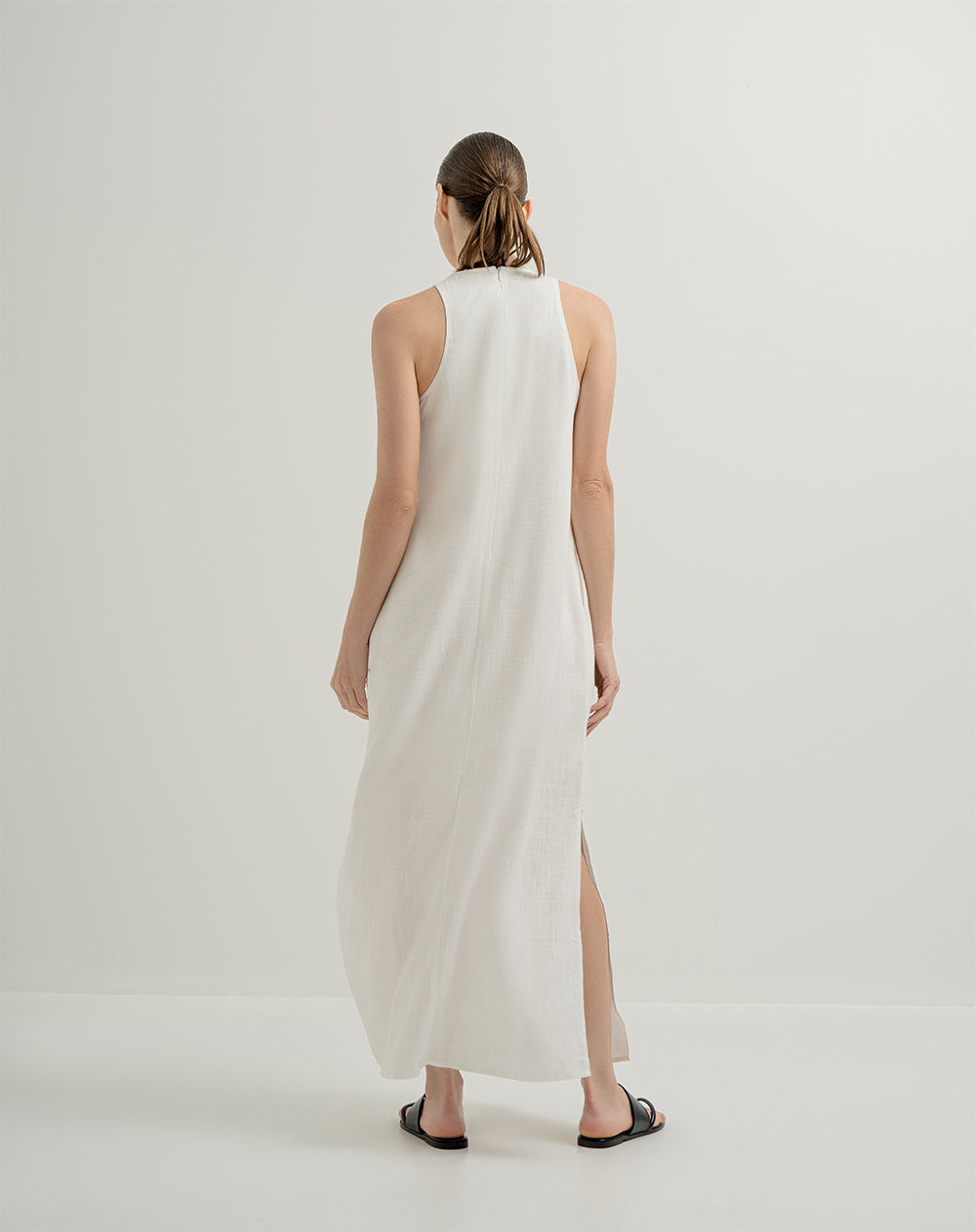 Vestido largo lino con forro crudo mujer
