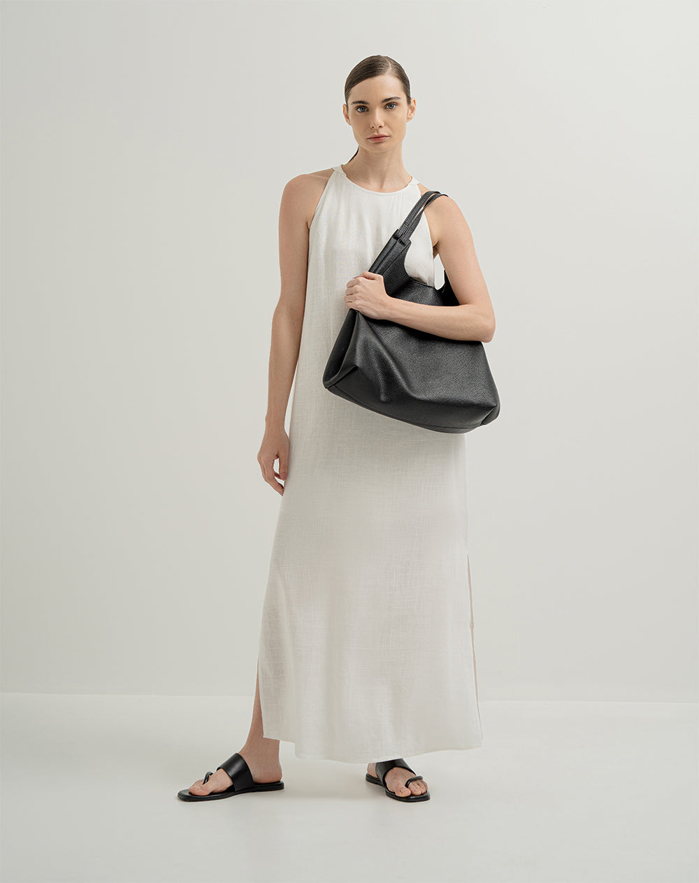 Vestido largo lino con forro crudo mujer