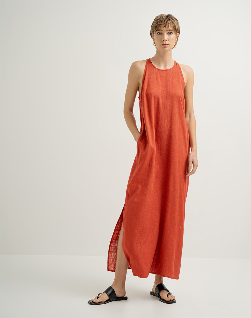 Vestido largo lino con forro terracota mujer