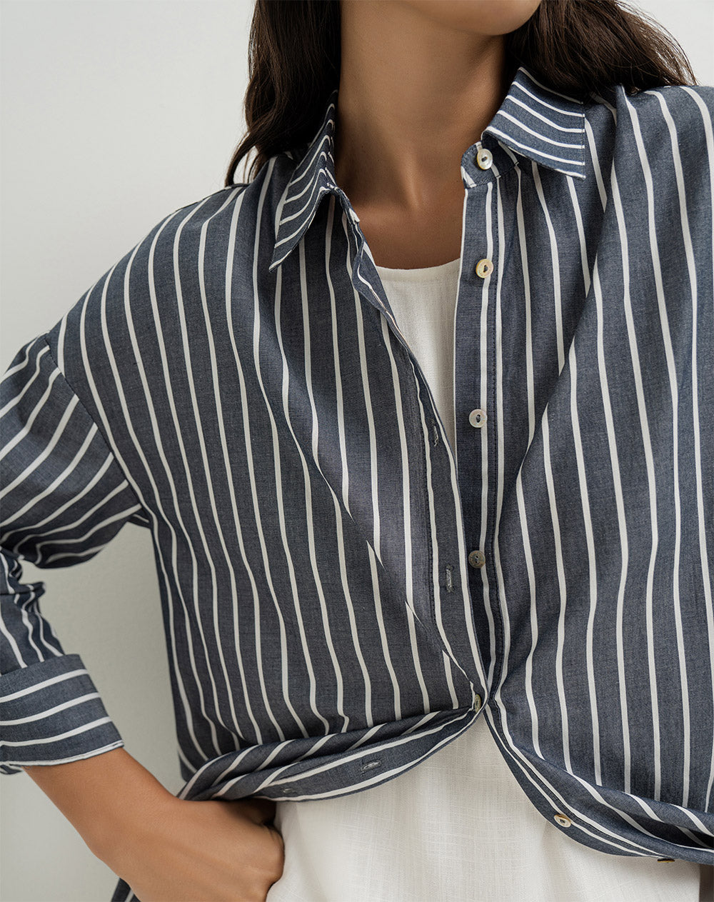 Camisa manga larga oversize algodón azul rayas mujer