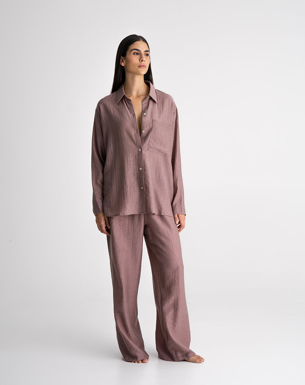 Camisa manga larga satín efecto arrugado palo rosa mujer