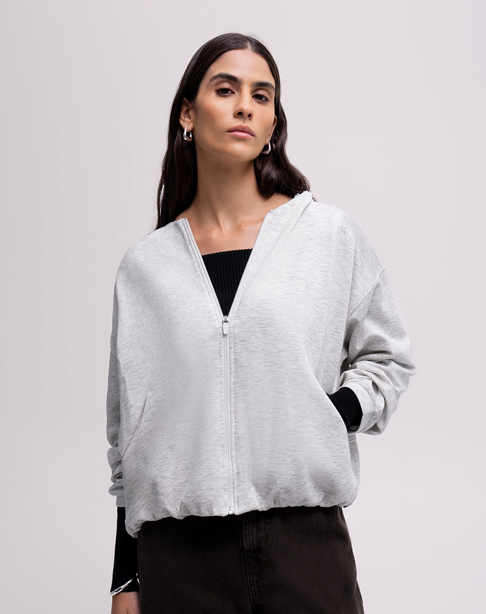 Chaqueta oversized fit con capucha gris jaspeada