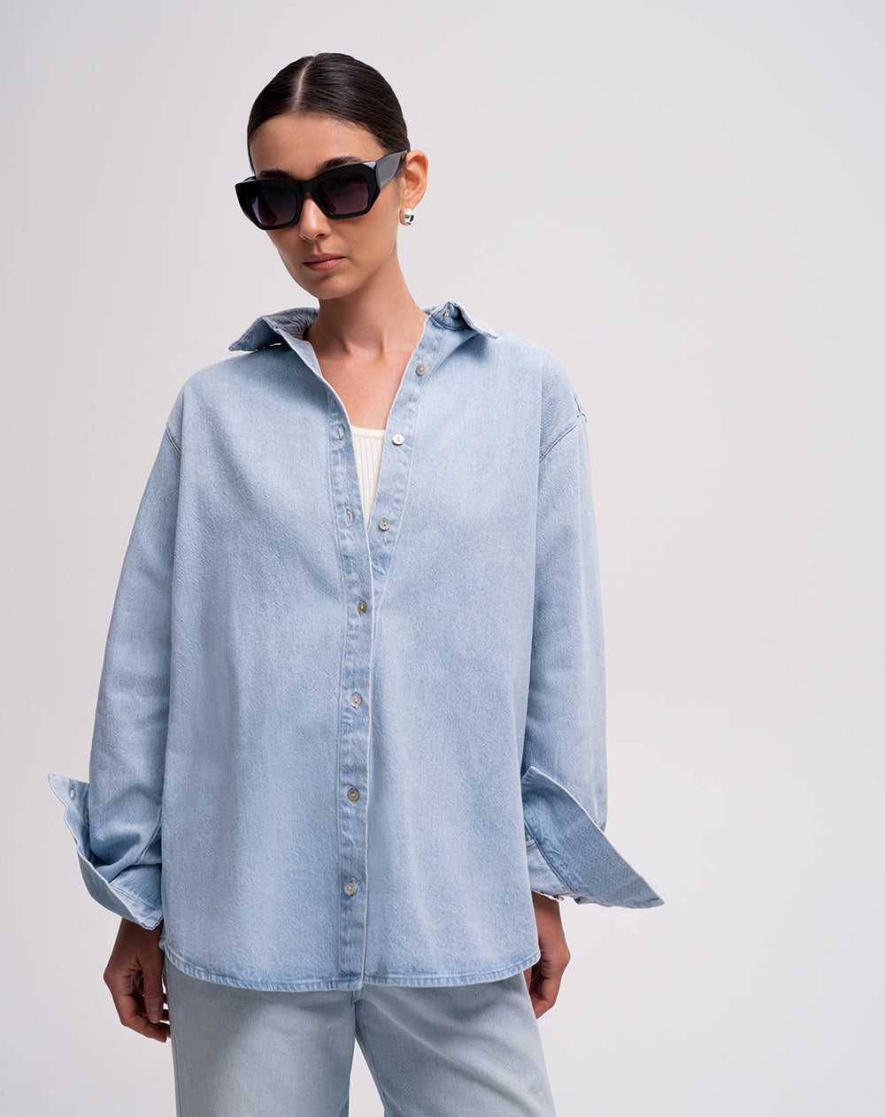 Camisa manga larga oversize denim azul mujer