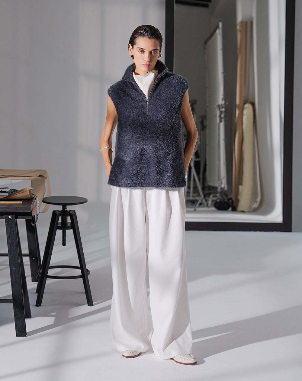 Pantalón wide leg tiro alto blanco mujer