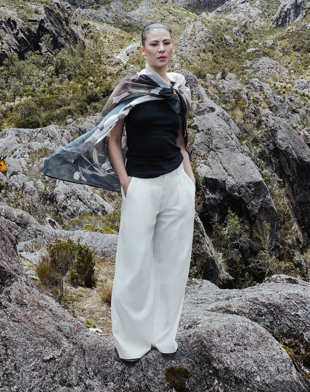 Pantalón wide leg tiro alto blanco mujer