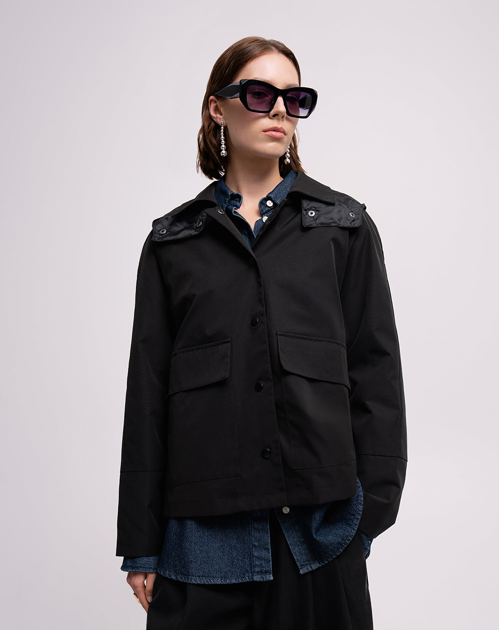 Chaqueta parka regular capucha removible negro mujer