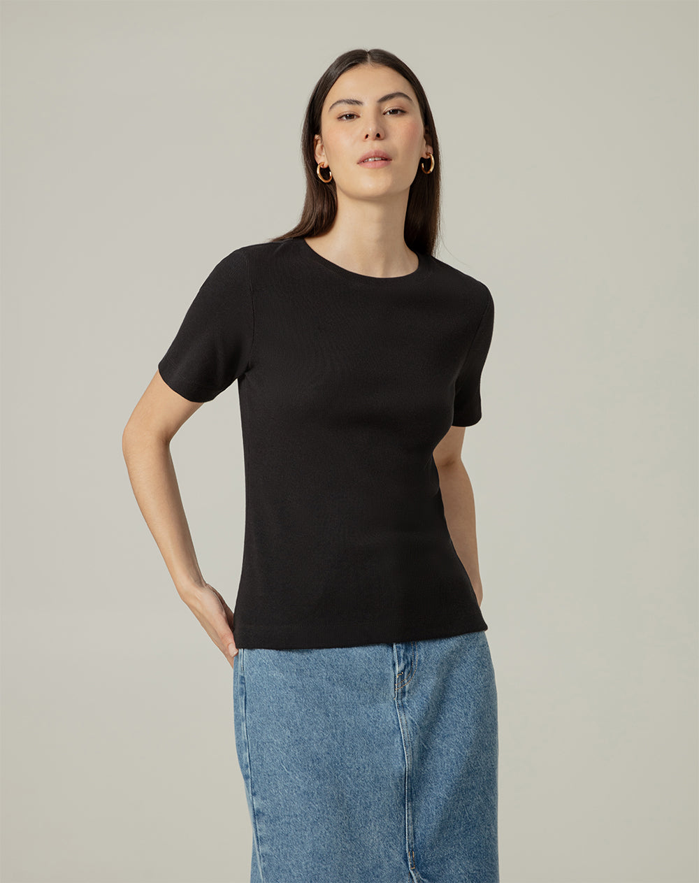 Camiseta ajustada algodón negra mujer