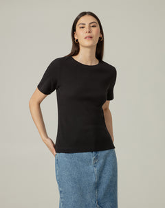 Camiseta slim rib algodón negra mujer