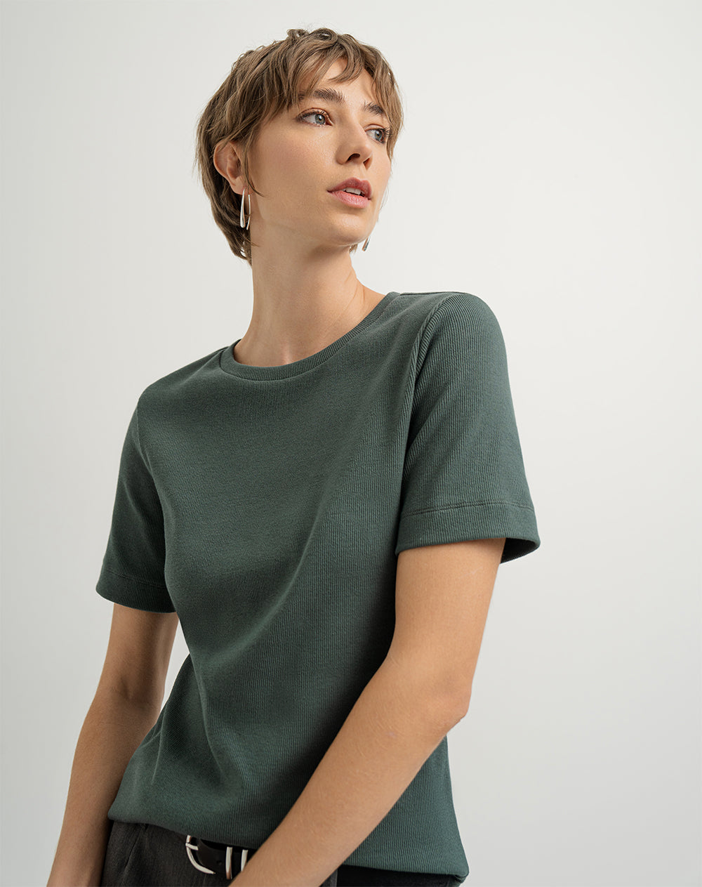 Camiseta ajustada algodón acanalada verde mujer