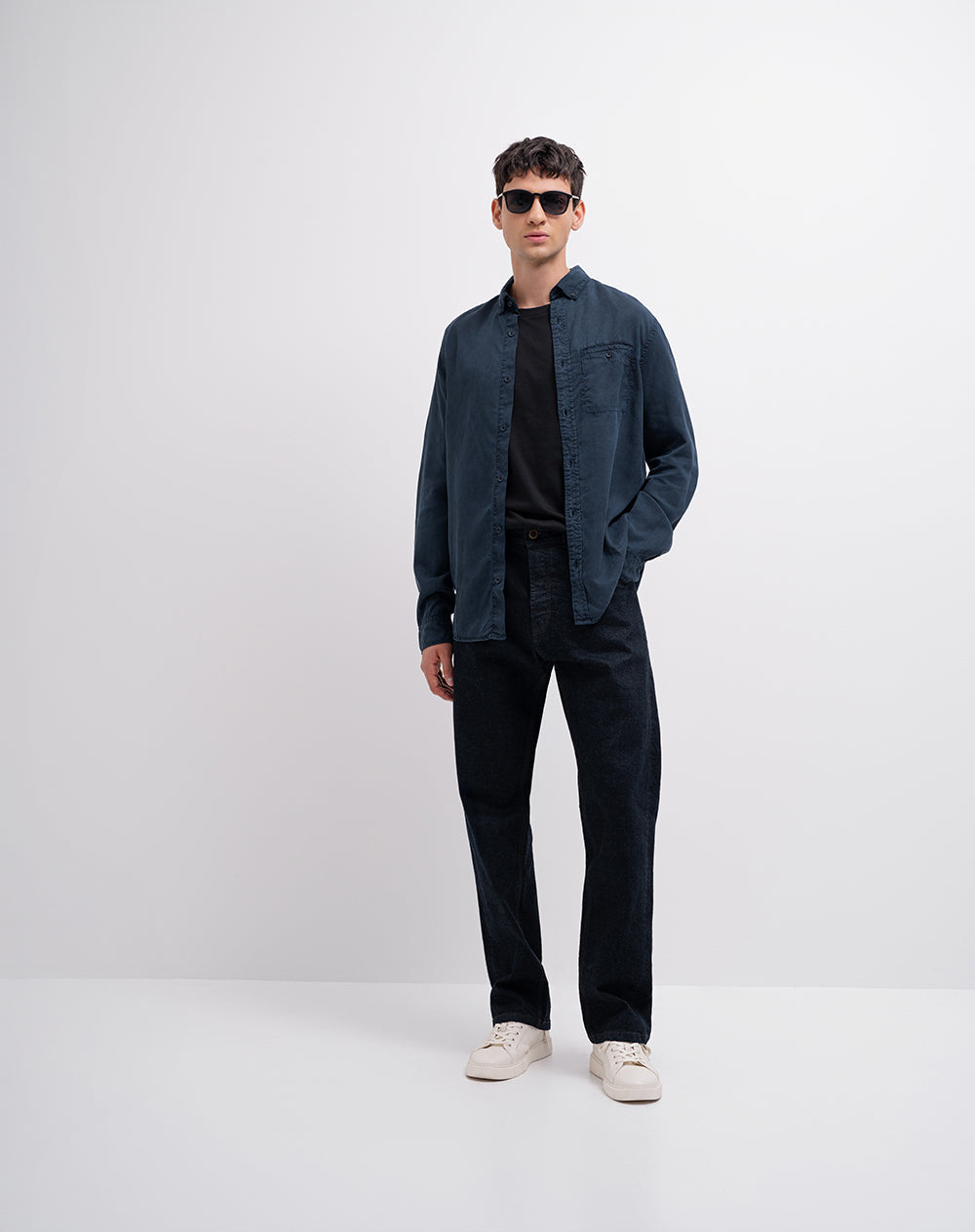 Camisa manga larga holgada algodón azul hombre