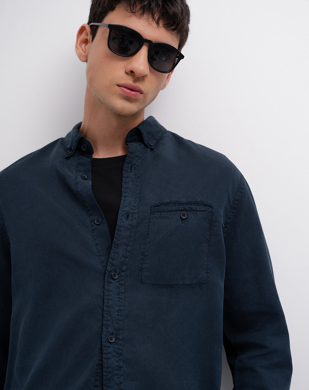 Camisa manga larga regular algodón azul hombre