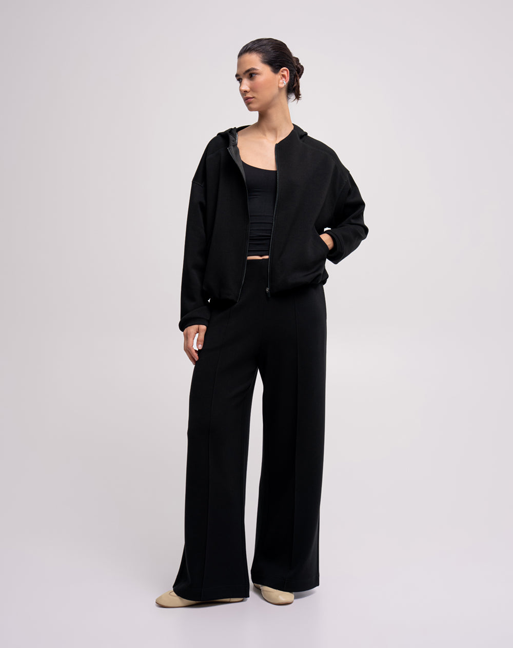 Pantalón wide leg tiro medio negro mujer
