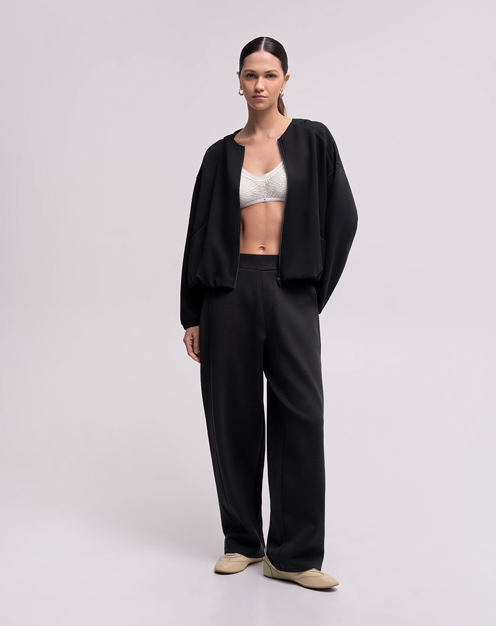 Pantalón wide leg tiro medio negro mujer