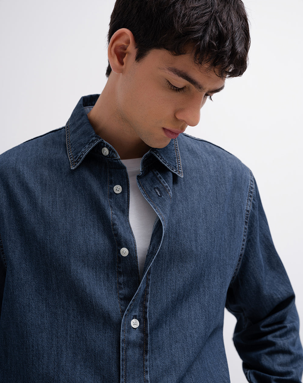 Camisa manga larga regular algodón índigo medio hombre