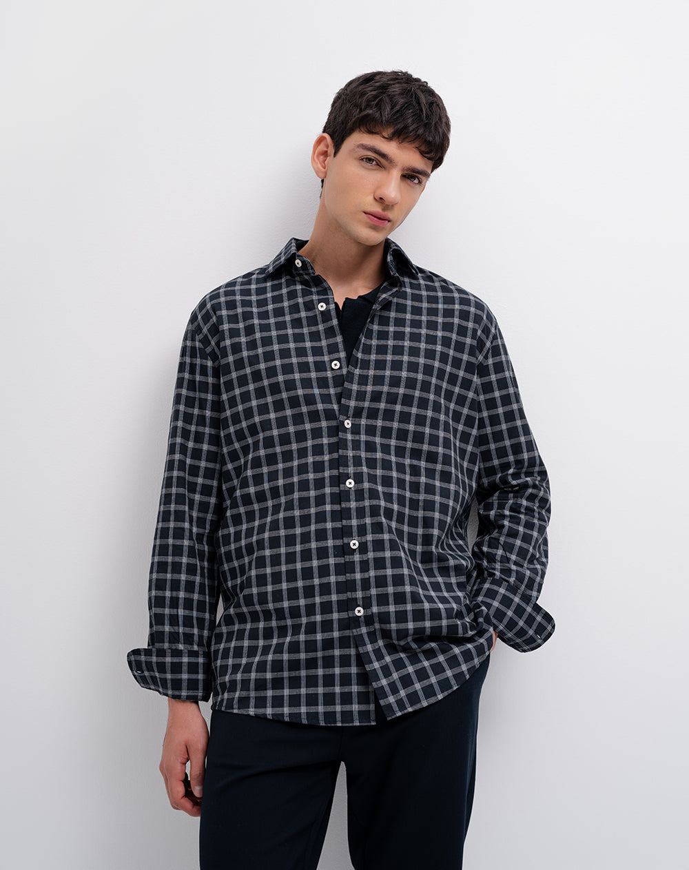 Camisa regular manga larga azul cuadros hombre
