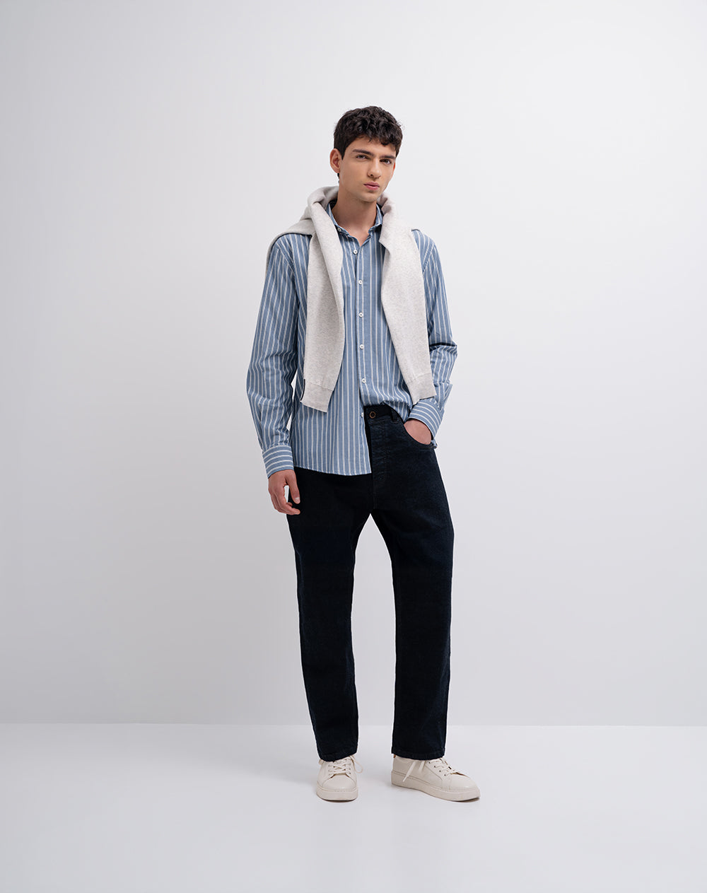 Camisa regular fit manga larga azul con rayas