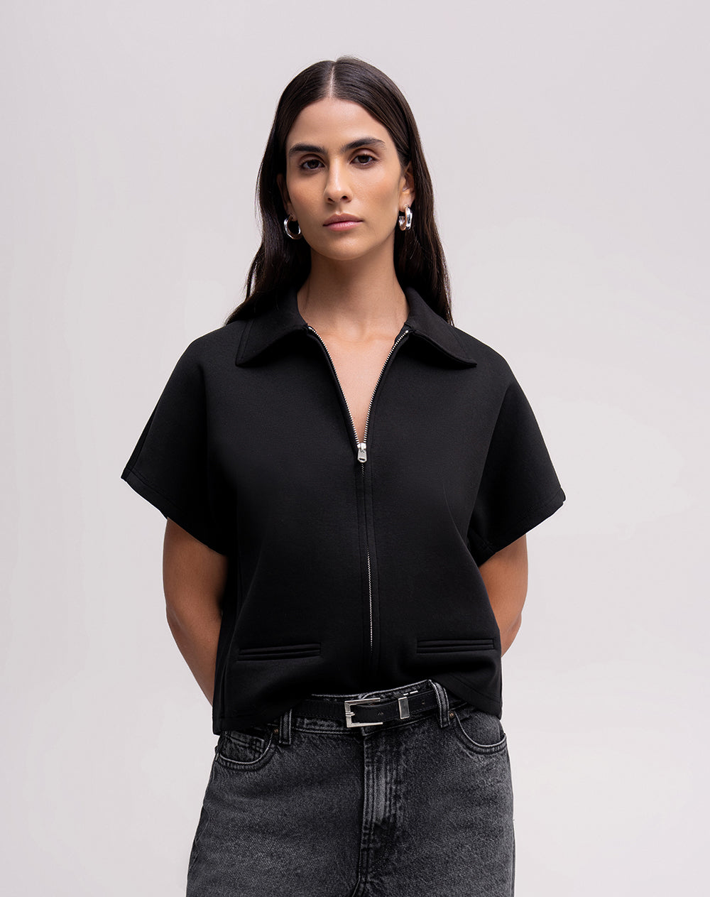 Chaleco confort oversize cremallera negro mujer