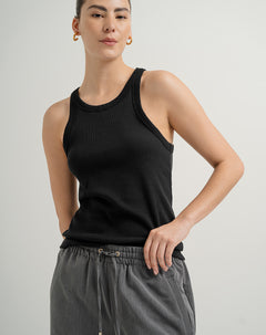Camiseta esqueleto regular rib algodón negra mujer