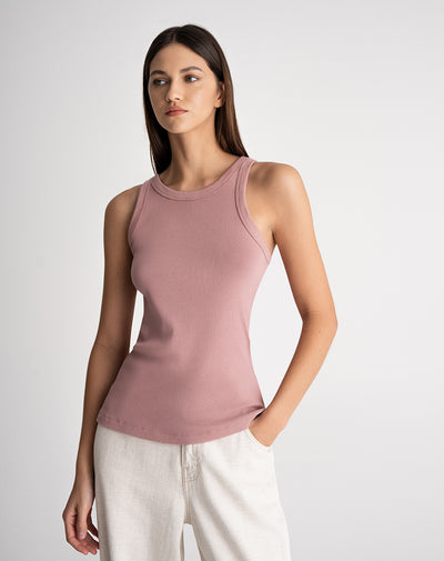 Camiseta esqueleto ajustada algodón sostenible acanalada rosa mujer