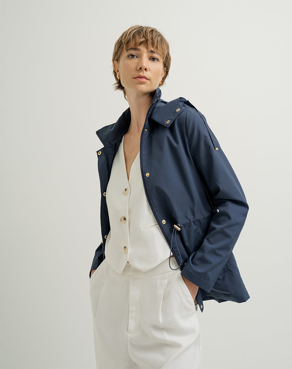 Chaqueta parka regular capucha removible azul mujer