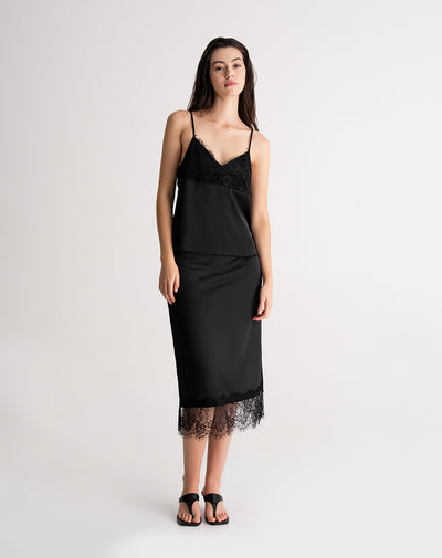 Blusa + falda satín negro mujer