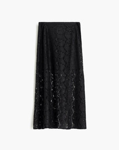 Falda midi encaje floral negro mujer