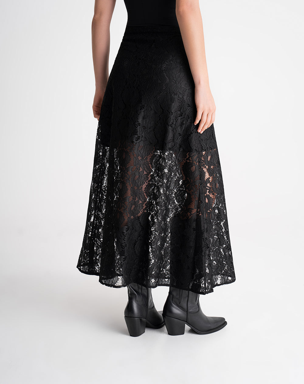 Falda midi tiro alto encaje negro mujer