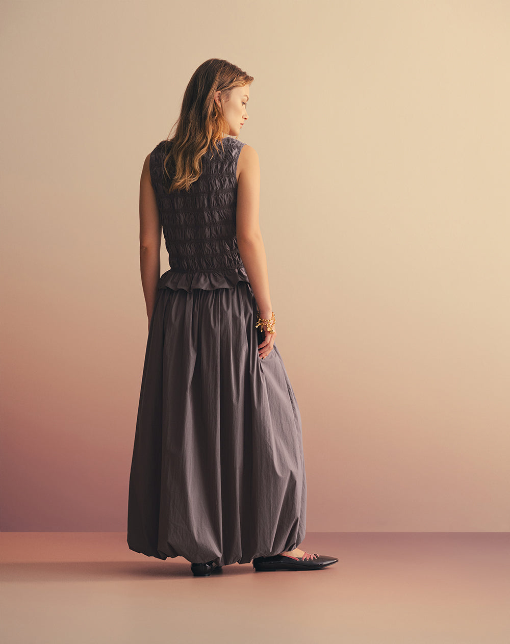 Falda larga tipo globo café mujer