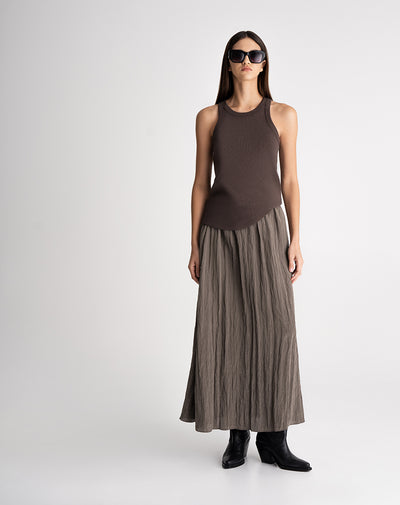 Falda larga tiro alto efecto arrugado café mujer