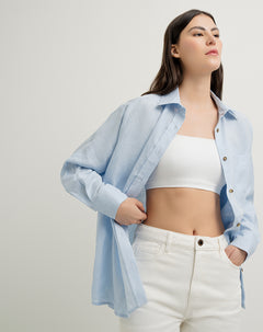 Camisa manga larga oversize lino azul mujer