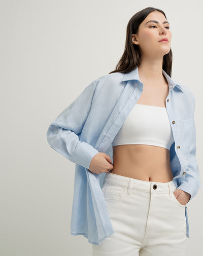 Camisa manga larga oversize lino azul claro mujer
