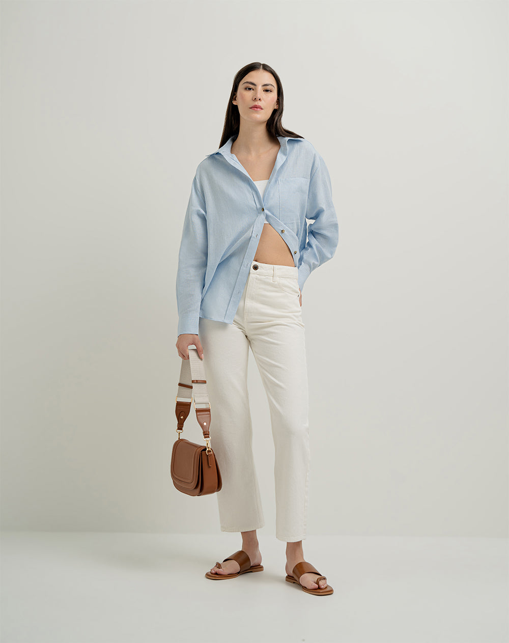 Camisa manga larga oversize lino azul claro mujer