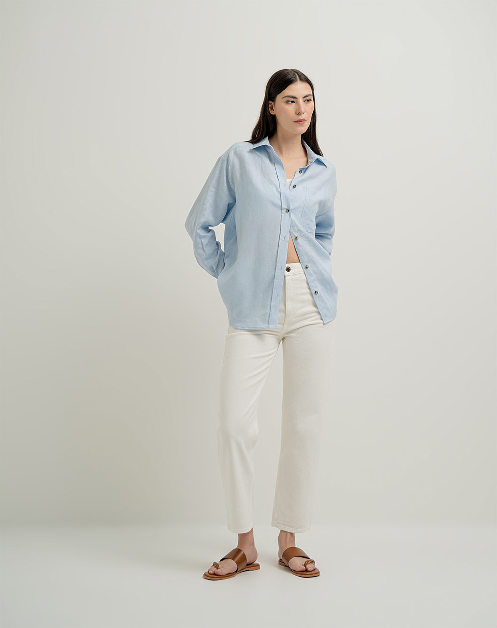Camisa manga larga oversize lino azul claro mujer