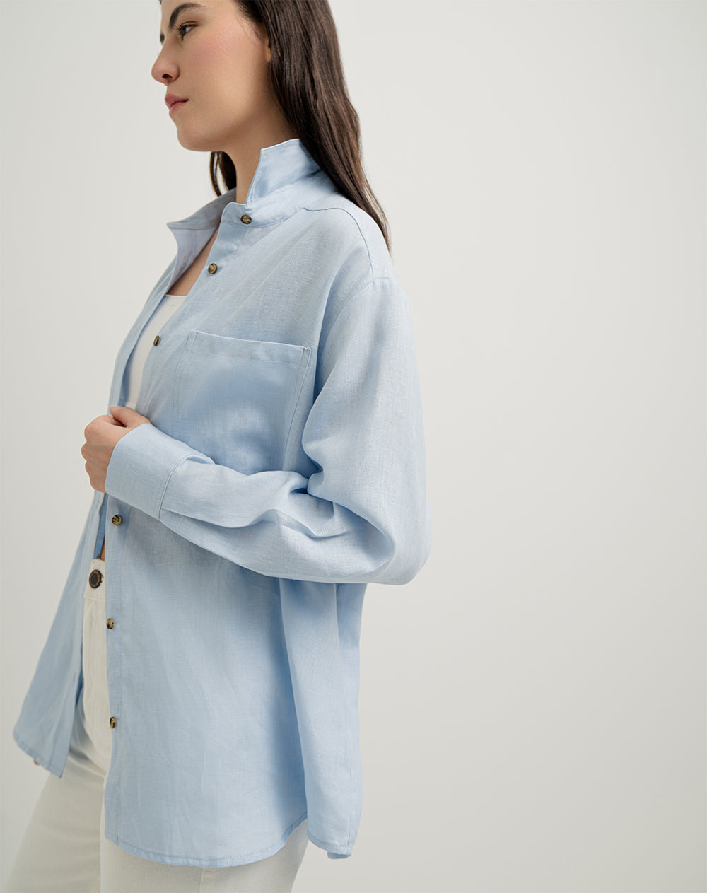 Camisa manga larga oversize lino azul claro mujer