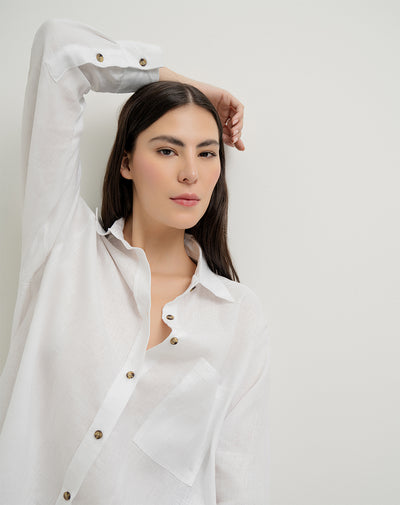Camisa manga larga oversize lino blanca mujer