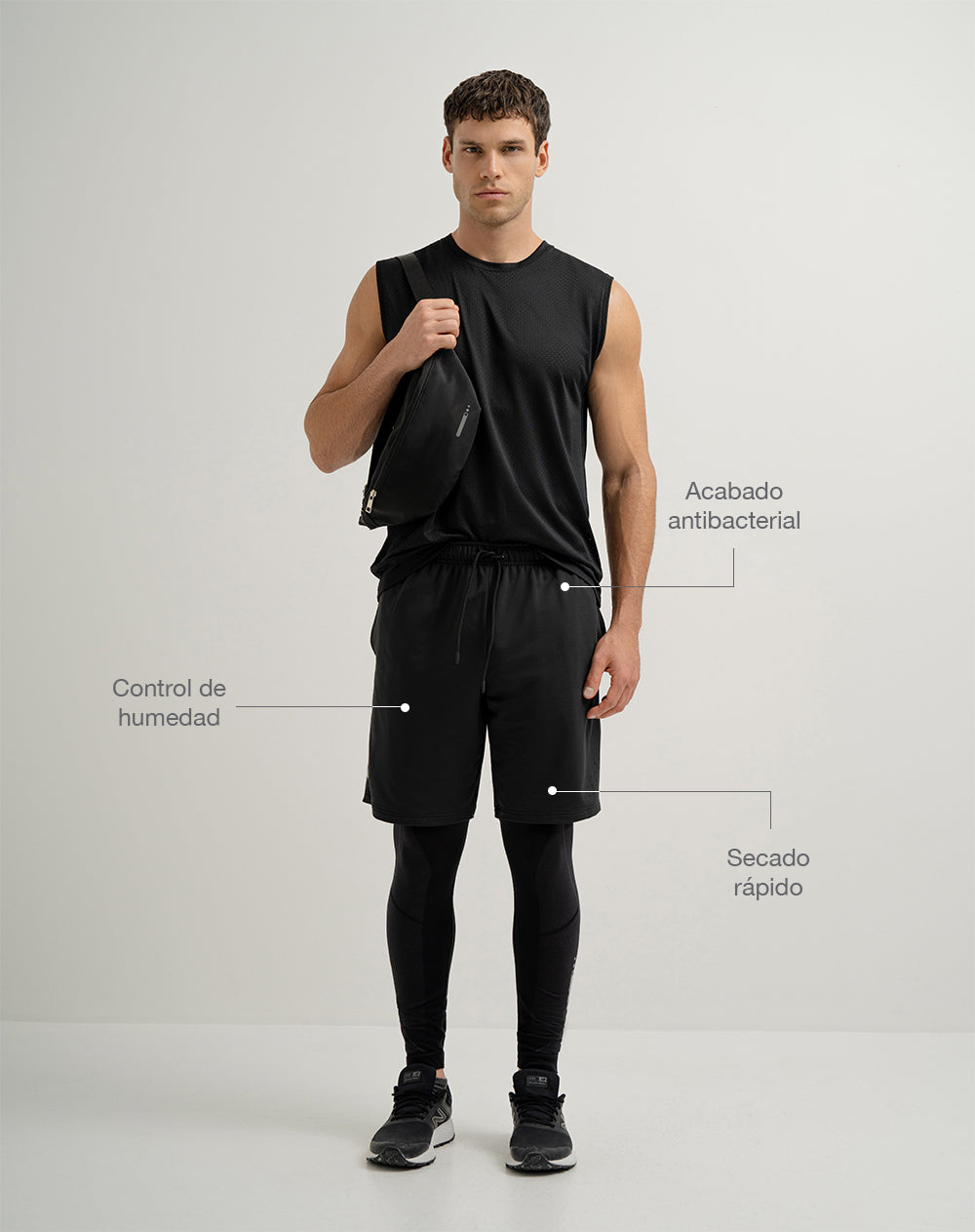 Pantaloneta deportiva antibacterial negra hombre