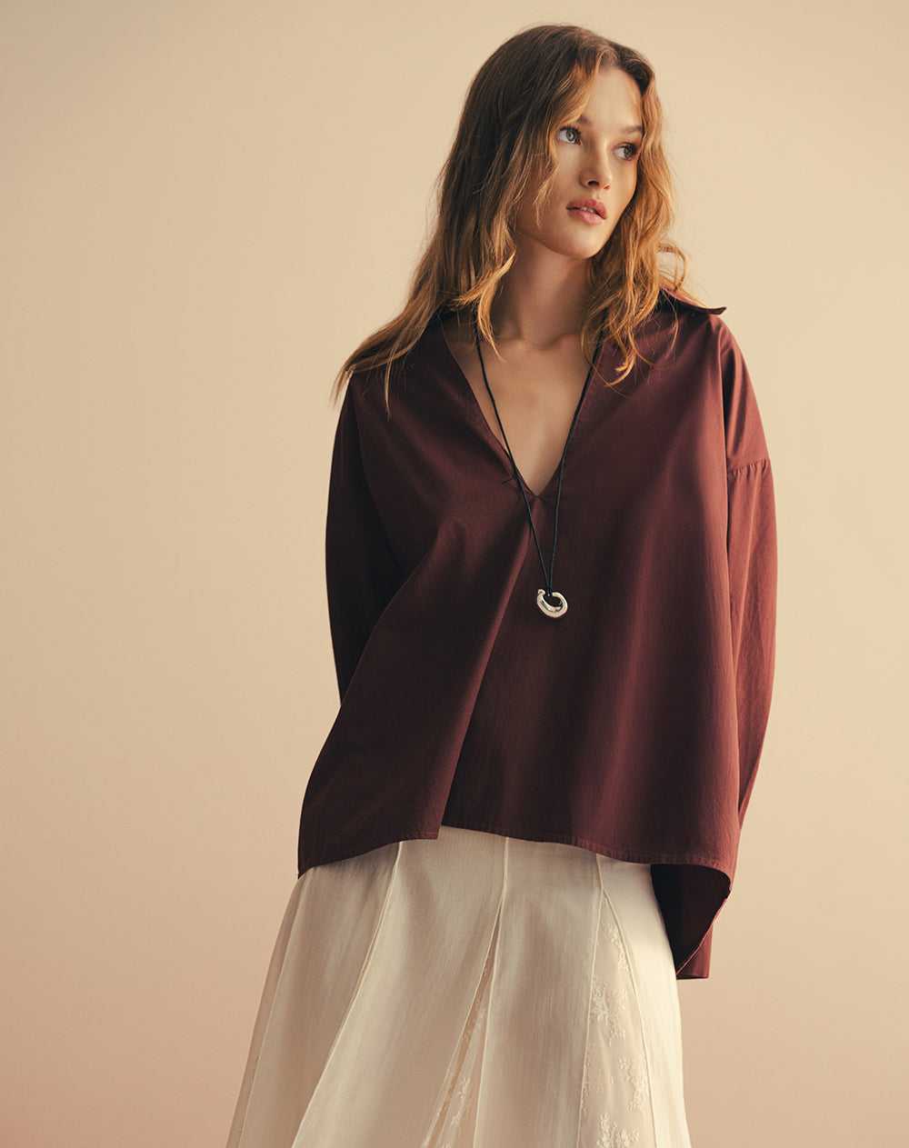 Camisa manga larga oversize algodón vinotinto mujer