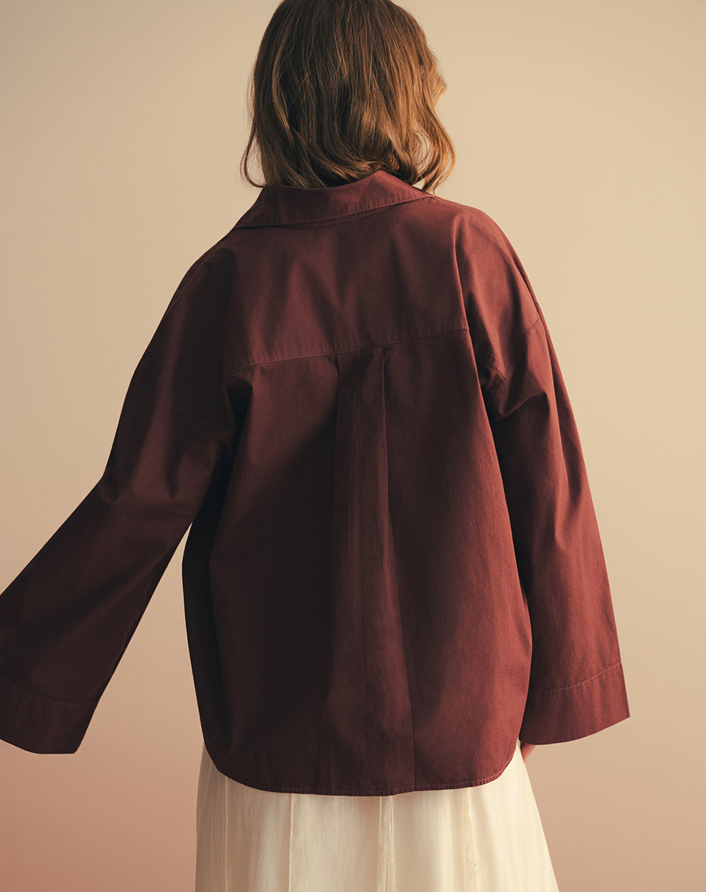Camisa manga larga oversize algodón vinotinto mujer
