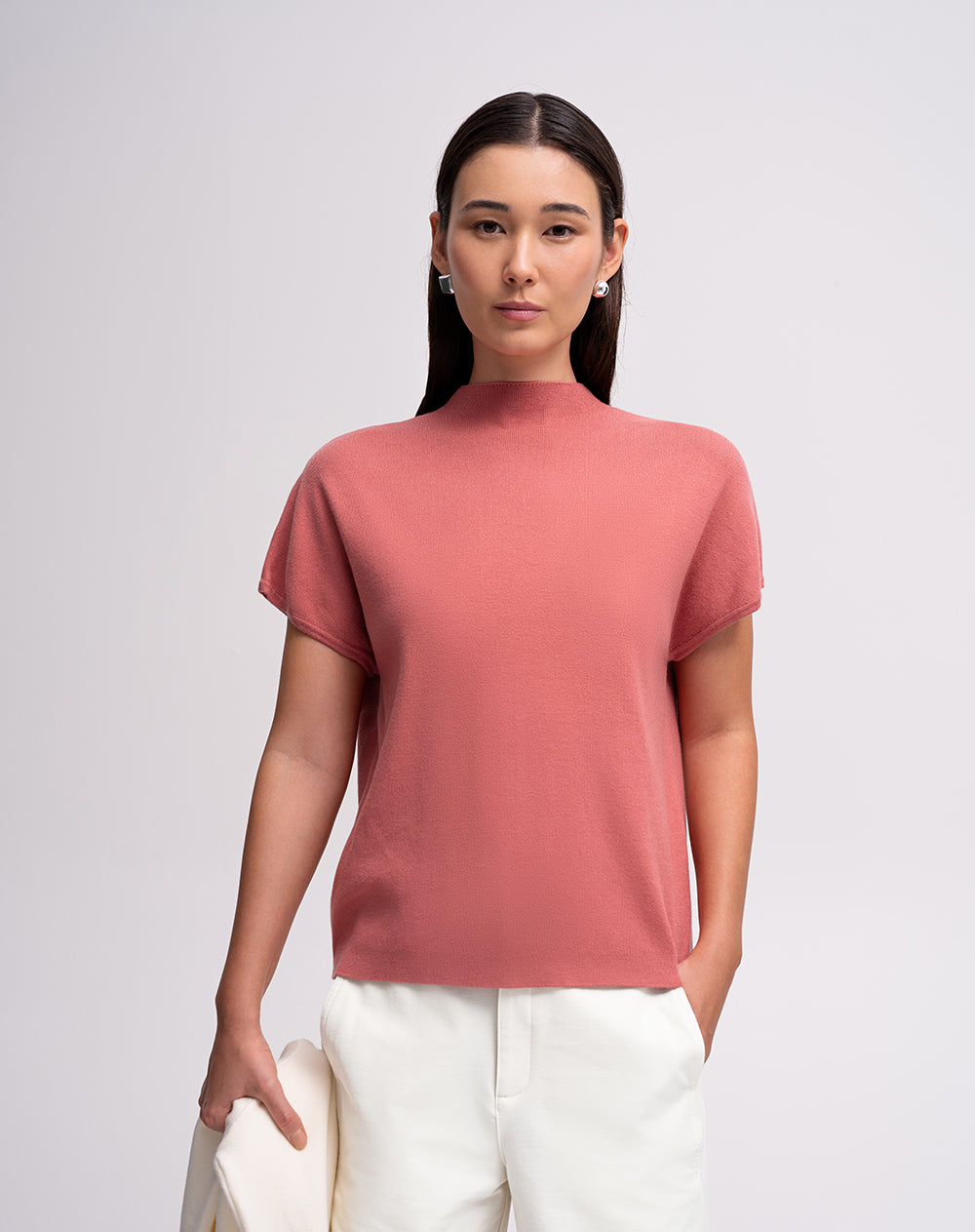 Camiseta regular tejido de punto rosa mujer