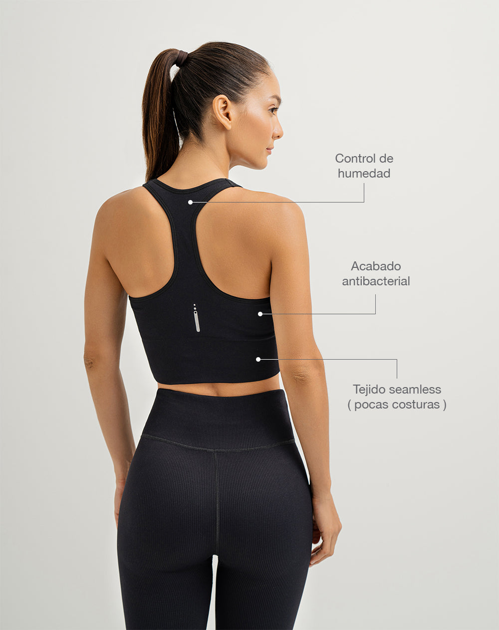 Crop top deportivo soporte alto seamless antibacterial negro