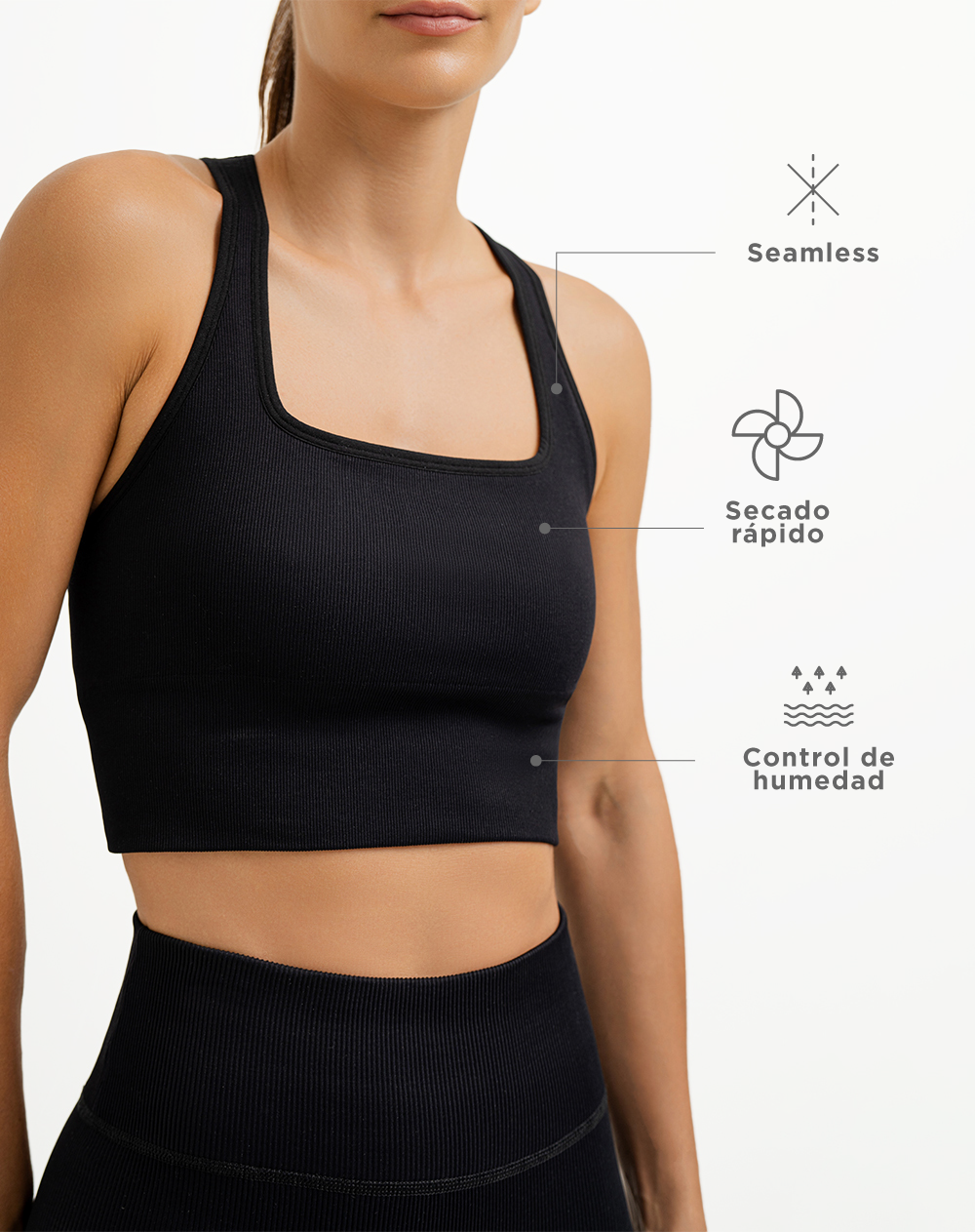 Top deportivo soporte alto seamless pocas costuras negro