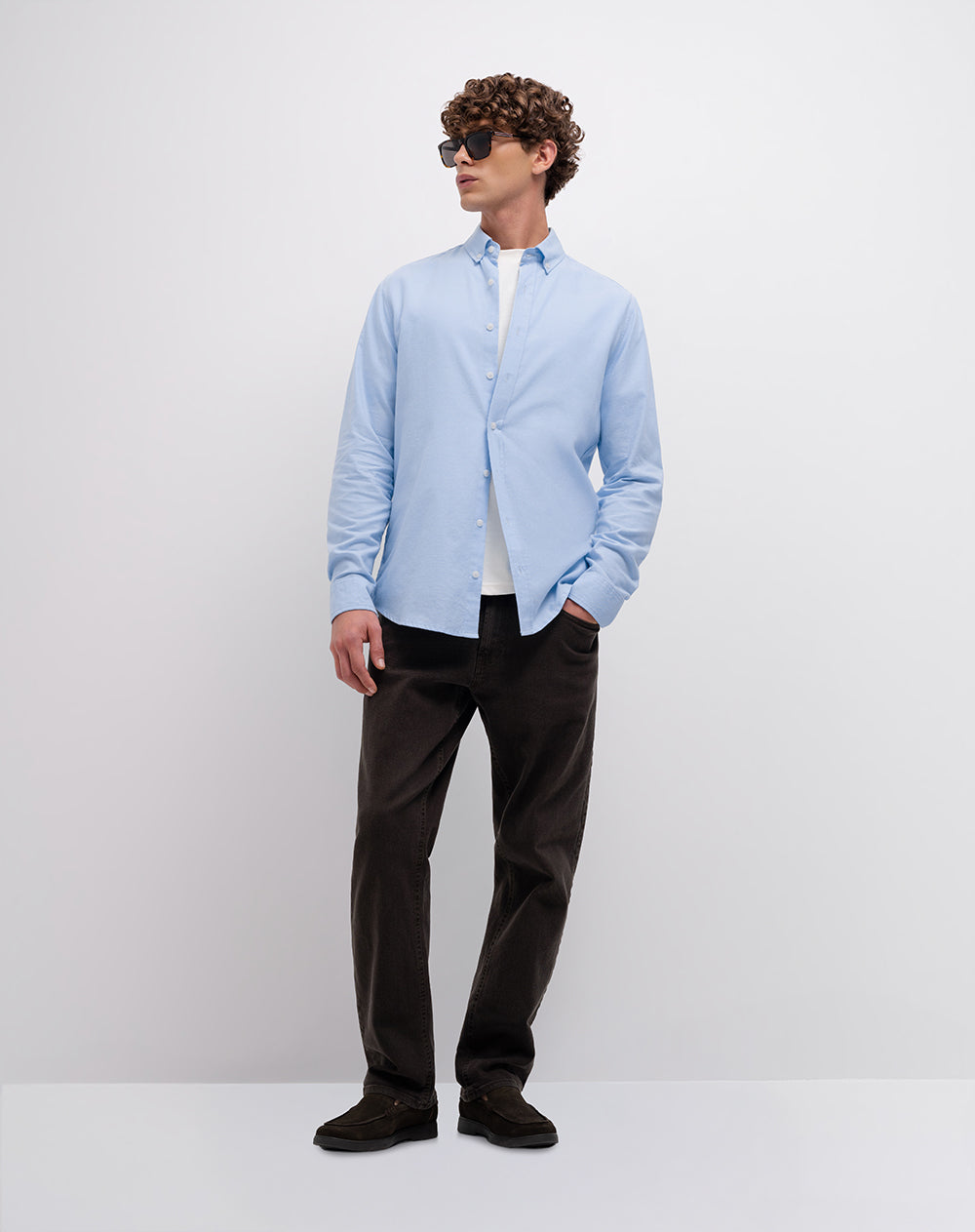 Camisa manga larga slim algodón azul hombre